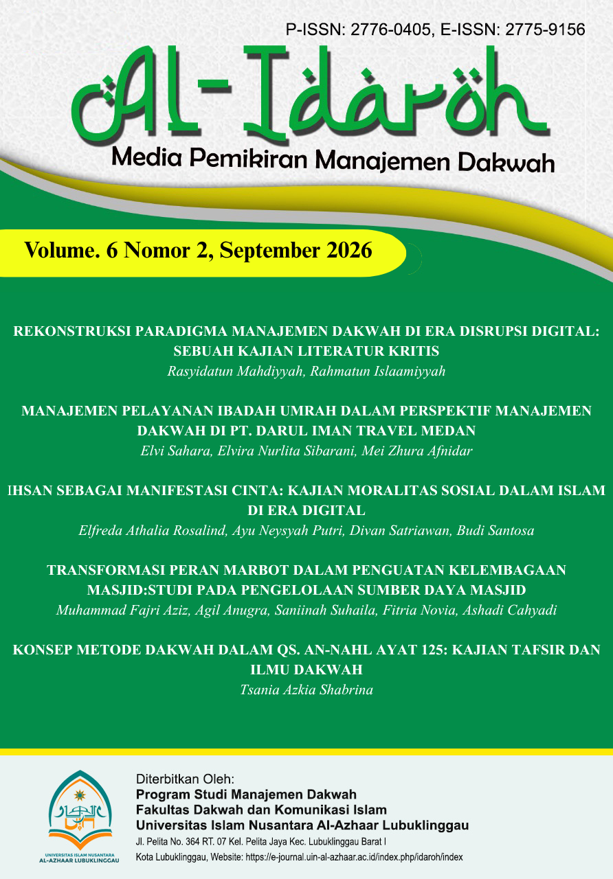 					View Vol. 6 No. 2 (2026): September, Al-Idaroh: Media Pemikiran Manajemen Dakwah
				